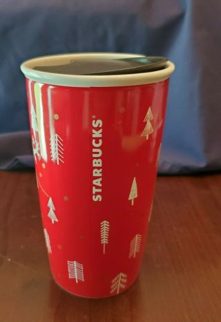 Starbucks Red Christmas Tree Holiday Ceramic Tumbler Travel Coffee Mug 12 Oz