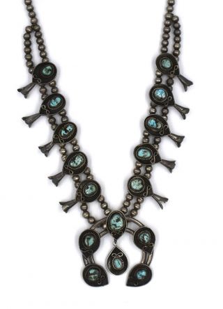 OLD PAWN SOUTHWESTERN SQUASH BLOSSOM NECKLACE ROUGH TURQUOISE STERLING SILVER 2