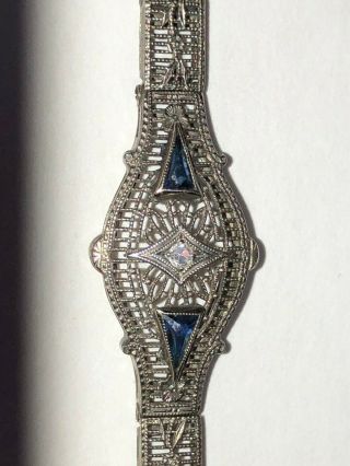 Vintage 1930s Art Deco 10k White Gold Filigree Bracelet With Diamond & Sapphires