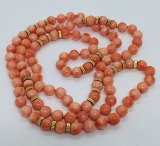 Vintage 14k Yellow Gold & Pink Coral Beaded Long Necklace 33”