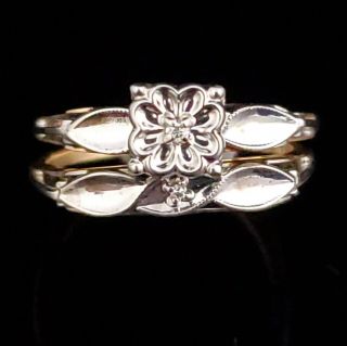 Vintage Diamond Bridal Set Engagement Ring Wedding Band 14k White Gold C1950 