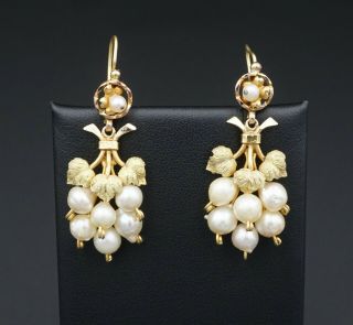Vintage 14k Yellow Gold Pearl Grape Cluster Dangle Hook Earrings 1.  7 " Eg1548