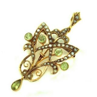 Art Nouveau Peridot And Seed Pearls Pendant Brooch
