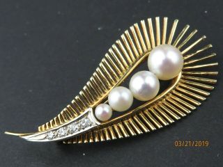 Vintage Solid 14k Yellow Gold Diamonds & Pearls Pin Brooch
