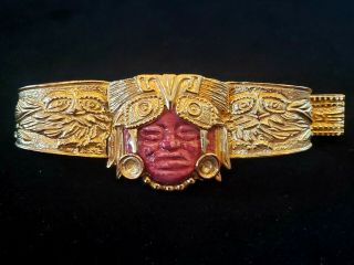 $300 Vintage Mid Century Salvador Teran Marbel Mexico 22k Plated Aztec Bracelet