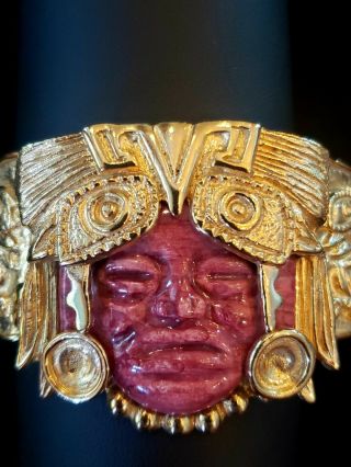 $300 Vintage mid century Salvador Teran Marbel Mexico 22K Plated Aztec bracelet 2