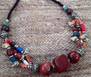 Moroccan Berber Necklace Amber Coral Bone Glass African Trade Beads