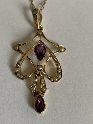 Fine Art Nouveau 9ct Gold Amethyst & Seed Pearl Set Pendant With 9ct Gold Chain