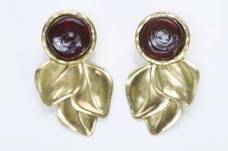 Frances Patiky Stein Fps 1980’s Gold Plated Red Gripoix Glass Leaf Earrings