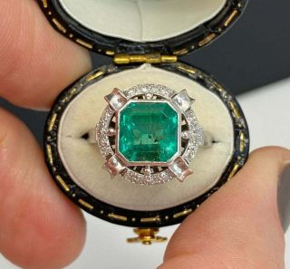 Fine Art Deco 3.  31ct Columbian Emerald With Old Mine Cut Cz 925 Real Silver Ring