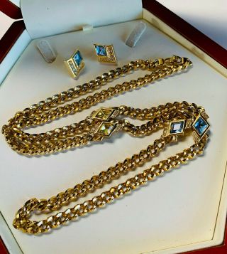Vintage Signed Christian Dior Blue/lemon Rhinestone Necklace/earrings Set