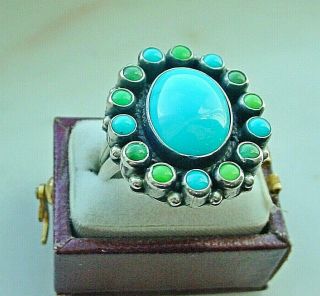 Enchanting Don Lucas Sterling Silver Turquoise Halo Ring Signed 7.  5