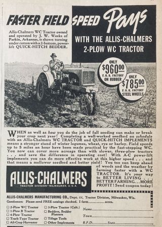 1938 Ad.  (xf25) Allis - Chalmers Mfg.  Co.  Milw. ,  Wis.  A - C 2 - Plow Wc Tractor