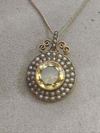 Rare Antique Victorian Or Georgian Citrine & Pearl Pendant & 10 Carat Gold Chain