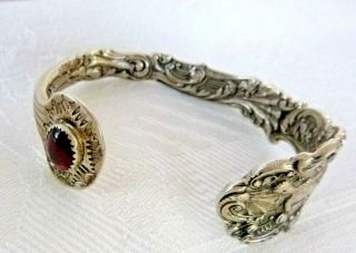 Rare Antique Ornate Sterling Silver Spoon Cuff Bracelet 2.  8 Tcw Garnet 49.  6 Gram