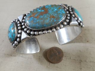 Unusual Fred Harvey Era Navajo 3 Stone Turquoise Bracelet W/ Cactus Design