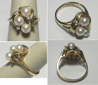 C1375 Vintage 14k Solid Yellow Gold 3 Aa Pearl And Diamond Cocktail Ring,  Sz 6.  5