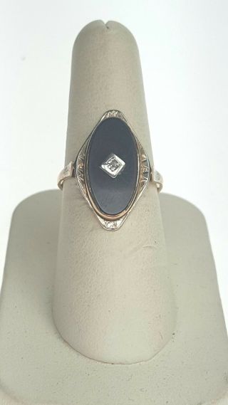 Antique Victorian 10 Kt Yellow Gold Black Onyx Diamond Ring Sz 7.  25