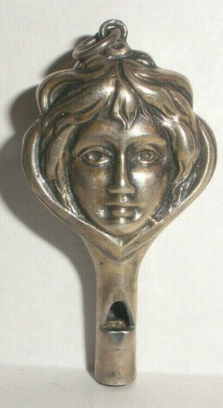 Rare Antique Victorian Sterling Silver Art Nouveau Woman Face Whistle Chatelaine