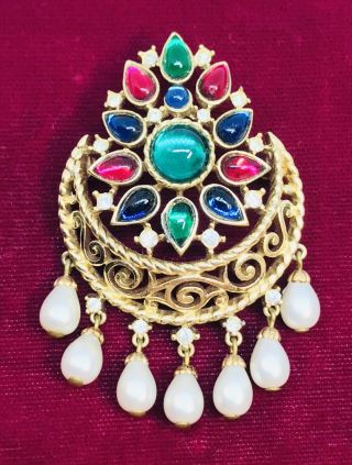 Vintage Crown Trifari Jewels Of India Moghul Rare Pearl Drop Cabochon Pin