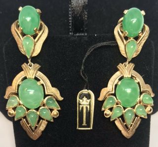 Large Vintage Trifari Alfred Philippe Jewels Of India Moghul Jade Drop Earrings