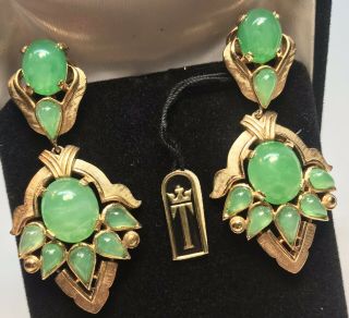 Large Vintage TRIFARI Alfred Philippe Jewels of India Moghul Jade Drop Earrings 2