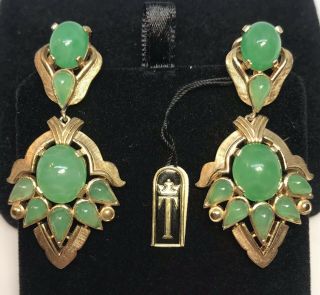 Large Vintage TRIFARI Alfred Philippe Jewels of India Moghul Jade Drop Earrings 3