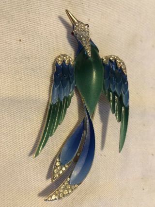 Vintage Crown Trifari Kingfisher Flying Bird Pin Old Enamel Blue/green Rhineston