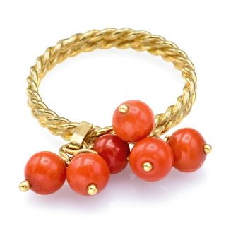 Vintage Italian 18k Yellow Gold Red Coral Dangle Two - Row Cable Band Ring