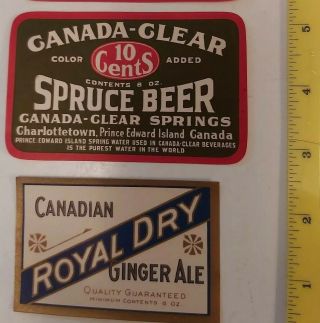 Rare Vintage " Canada - Clear Spruce Beer,  Canadian Royal Dry " Pop Paper Labels