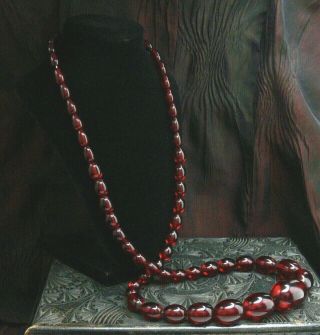 Vintage Art Deco Cherry Amber Red Bakelite Smooth Beads Long Necklace 61.  5g