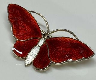 Aksel Holmsen Red Guilloche Enamel Sterling Silver Norwegian Butterfly Brooch