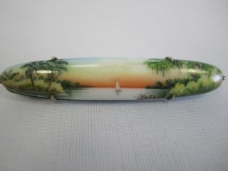Signed Olive Commons Vintage Hand Painted Porcelain Pin Florida Sunset