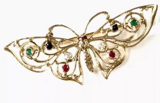 Vintage Irish 9ct Gold Emerald Ruby Sapphire Gem Butterfly Brooch