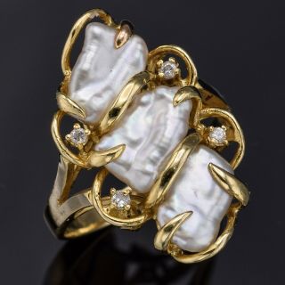 Vintage 14k Yellow Gold Baroque Pearl & Diamond Cocktail Ring 4.  5 Grams Size 7