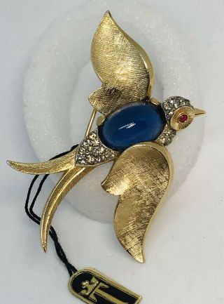 Rare Signed Crown Trifari Alfred Philippe Blue Cabochon Jelly Belly Sparrow Pin