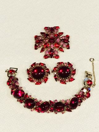 Vtg Weiss Blood Red & Pink Rhinestones Glass Stones Earrings Pin Bracelet Set