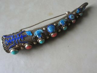Old Chinese Export Silver Enamel Coral & Turquoise Fingernail Guard Brooch Pin
