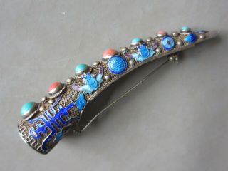 OLD CHINESE EXPORT SILVER ENAMEL CORAL & TURQUOISE FINGERNAIL GUARD BROOCH PIN 3
