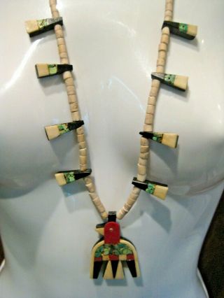 Santo Domingo Pueblo Thunderbird Necklace Turquoise Plastic Heishi Beads Leather