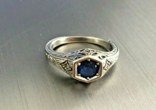 Ornate Antique 14k White Gold Filigree Sapphire Diamond Ring