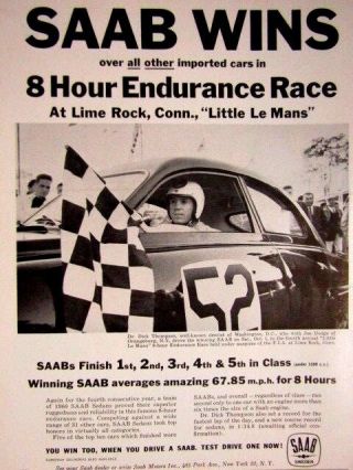 1961 Saab Dick Thompson Lime Rock Little Le Mans Print Ad 8.  5 X 11 "