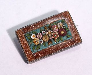 Antique / Art Deco Italian Sterling Silver,  Goldstone And Micro - Mosaic Brooch.