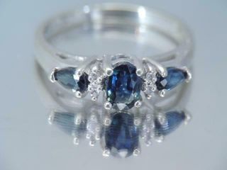 Designer Signed Solid 14k White Gold Diamond & Blue Sapphire Stone Ring
