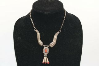 Vintage Navajo Necklace With Natural Red Coral,  Sterling.  Signed: Spencer