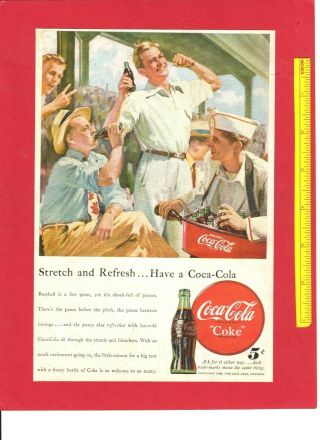 Vintage & 1948 Coca - Cola Color Art Ad: " Coke " At The Baseball Game 6x9 "