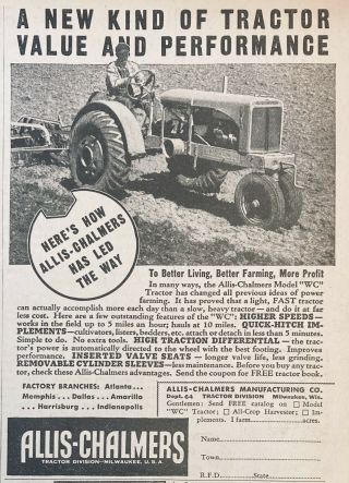 1937 Ad.  (xf25) Allis - Chalmers Mfg.  Co.  A - C Model “wc” Tractor