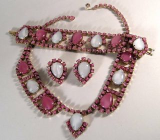 Vintage Pink And White Moonstone Teardrop & Cabochon Necklace Bracelet Earrings