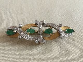 Vintage 14k White & Yellow Gold Diamond & Emerald Pin Brooch Unsigned