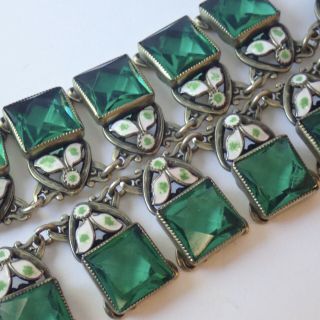 Antique Art Deco Emerald Green Czech Glass Enamel Collar Necklace